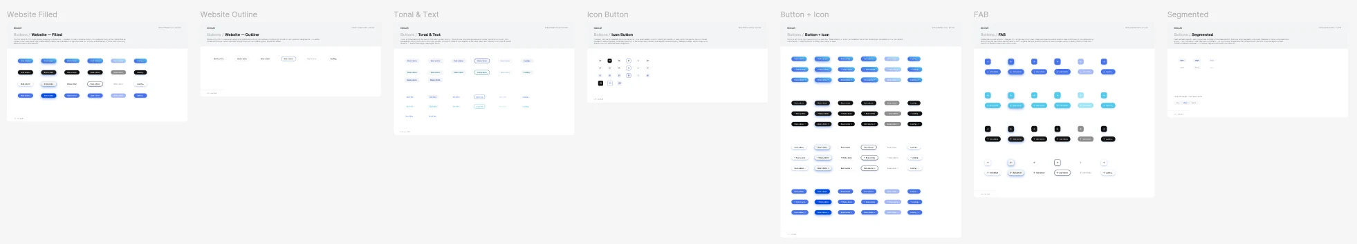 Button variants — filled, outline, tonal and text, icon, button and icon, FAB, and segmented