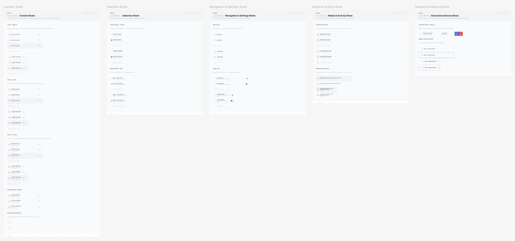 List item variants — content, selection, navigation and settings, media and activity, and interactive gesture rows
