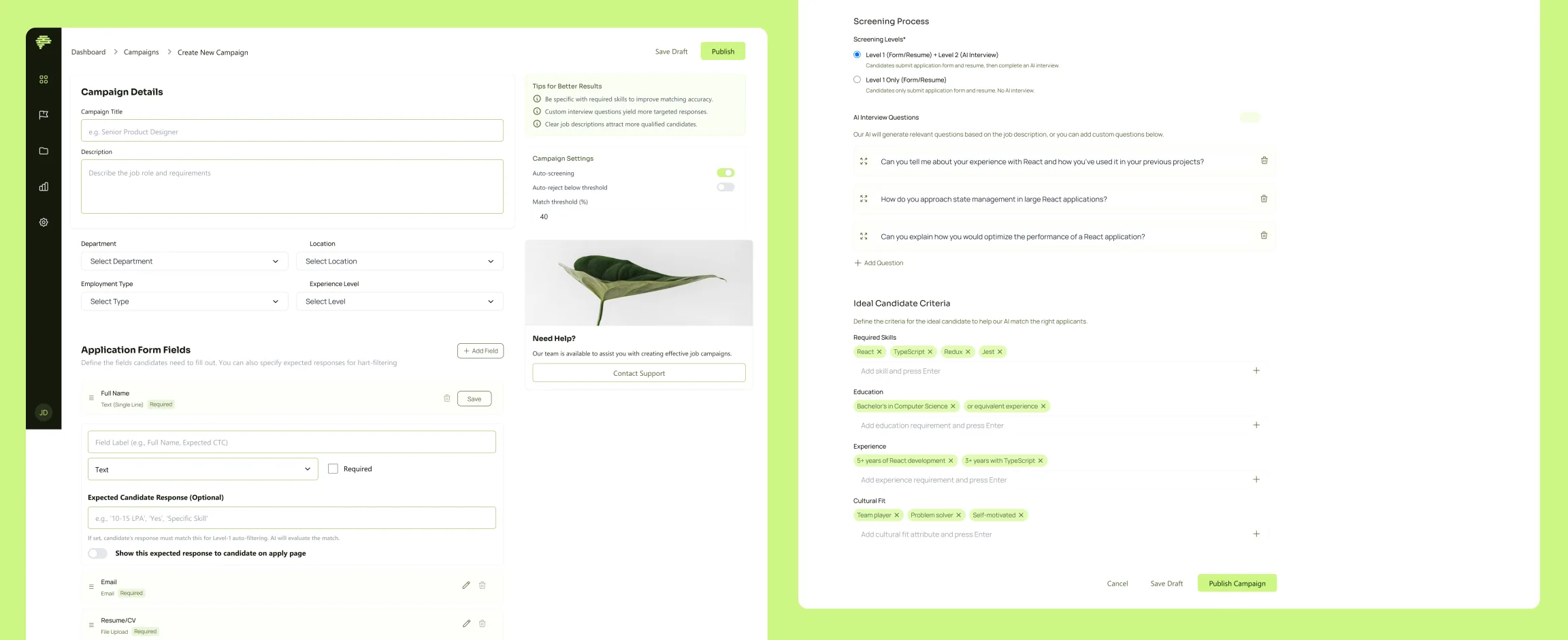 Campaign creation screen — ideal candidate criteria, screening levels, and AI interview questions
