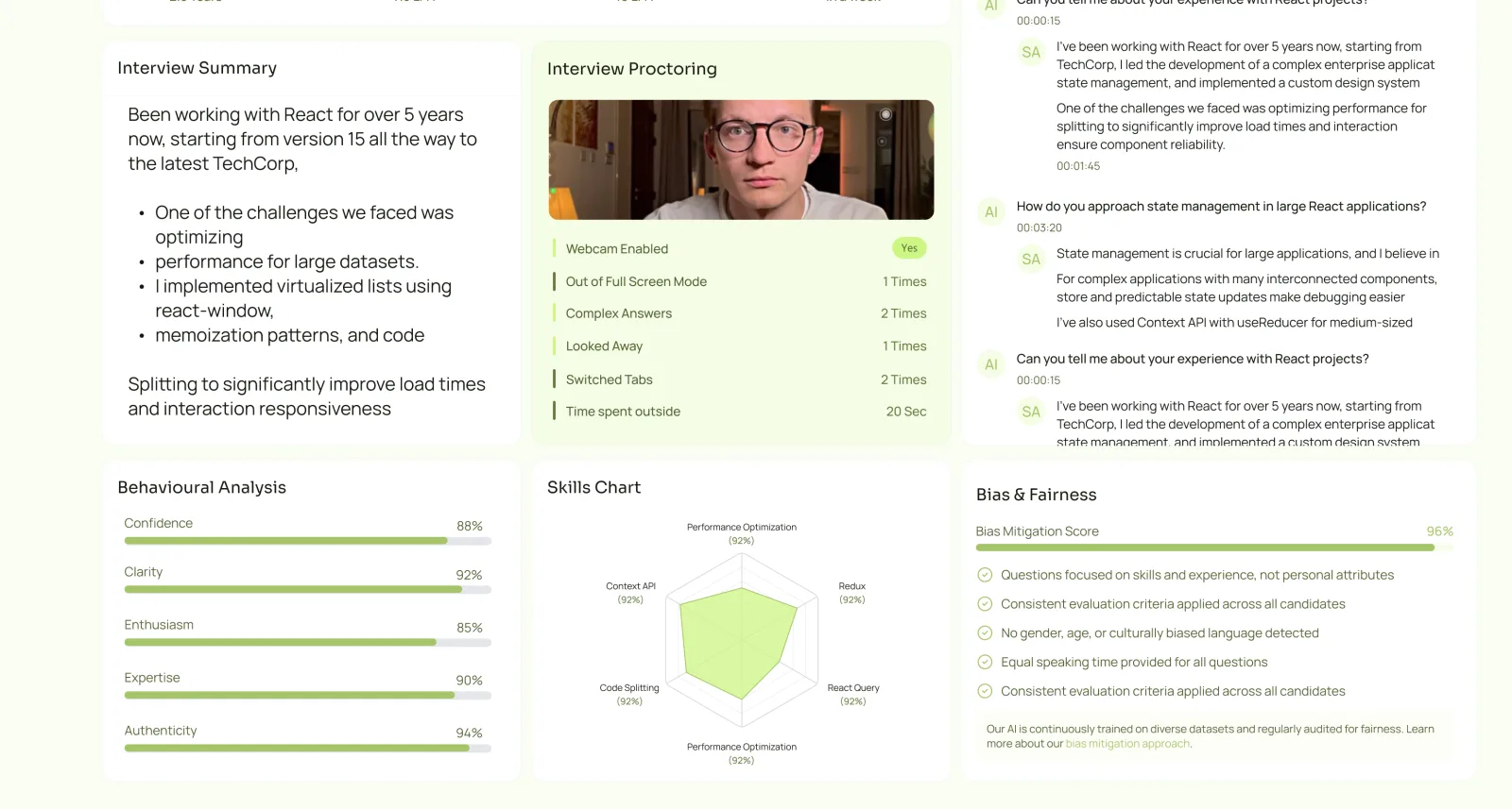Candidate evaluation report — behavioural analysis, skills chart, and bias and fairness score