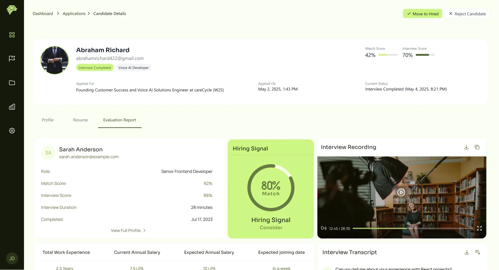 Candidate evaluation report — match score, hiring signal, and interview recording