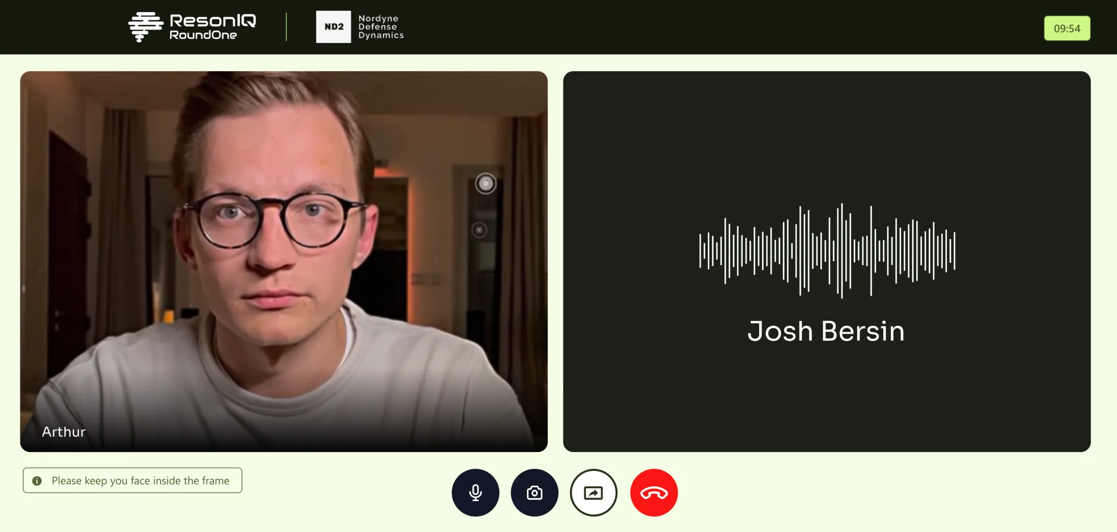 Live AI interview screen — candidate video alongside the AI's voice waveform